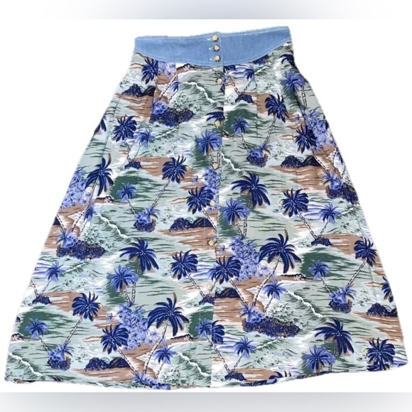 Vintage Button Up Hawaiian Skirt Petite Large Medium Tropical Coastal Grandma - Picture 1 of 5